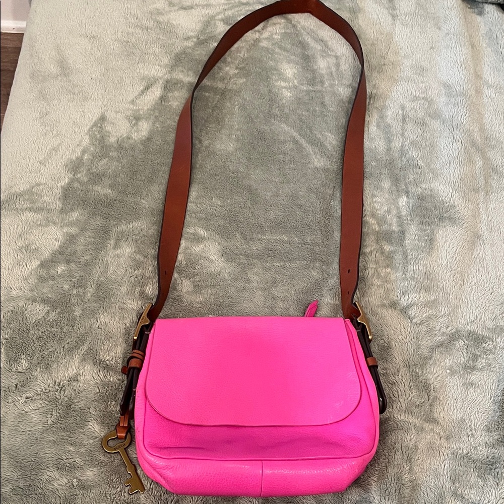 Fossil Hot Pink Crossbody Bag with Brown Strap